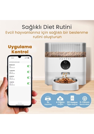 Petfit Catmax Pro 5l Wi-fi Kameralı Akıllı Otomatik Kedi Köpek Mama Kabı Besleme Ünitesi Sesli Komut+çelik Kase+app Kontrol