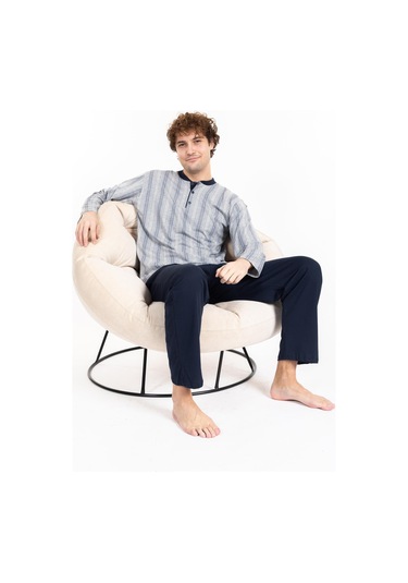 Erkek Penye Pamuk Regular Kalıp Sıfır Yaka Kaliteli Pijama Takımı A803123 Açık Gri