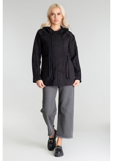 Kadın Power Likralı Pamuklu Kumaş Kapişonlu Fermuarlı Kordonlu Pis Dikişli Mont Siyah