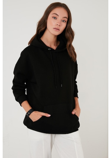 Lela Regular Fit Pamuklu Kapüşonlu Yaka Şardonlu Kışlık Bayan Sweat 5863854 Siyah