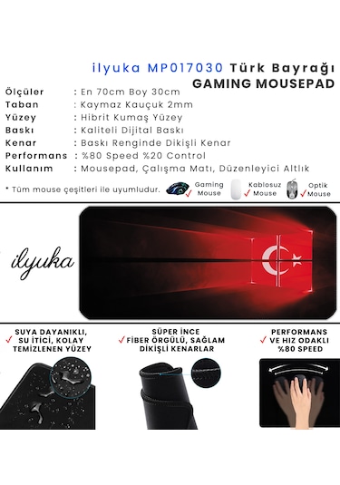 70x30cm Türk Bayrağı İlyuka Mp017030 Büyük Boy Xl Gaming Mousepad