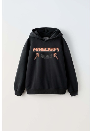 Erkek Çocuk Mınecraft Modelli Kol Manşetli Pamuk Kapşonlu Sweat Siyah