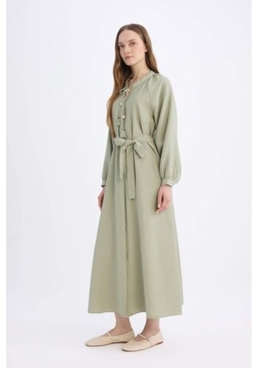 DeFacto Relax Fit Hakim Yaka Uzun Kollu Kuşaklı Maxi Elbise D7322AX25SPKH271