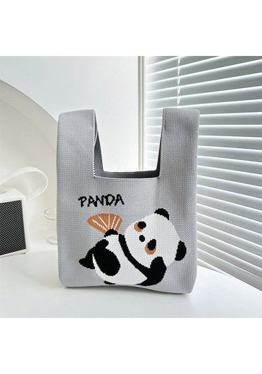 Sevimli Panda Desenli Örgü Eşleşmeli Anne-bebek Çantası Şık Ve Kullanışlı Aksesuar Gri