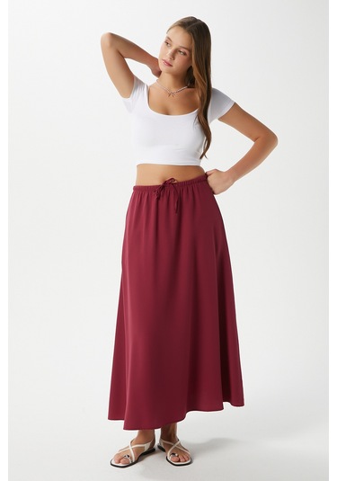 Kadın Seaside Bordo Astarlı Bel Lastikli Cepli Dokuma Uzun Etek Bordo