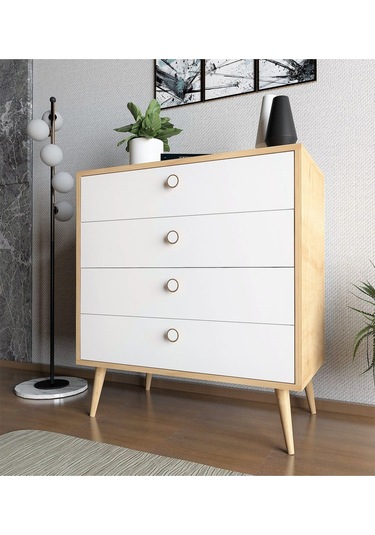 Floradesign Zen Şifonyer / Çok Amaçlı Dolap/ Çekmeceli Şifonyer / Kapaklı Şifonyer / 4 Çekmeceli Şifonyer 80cm Meşe/beyaz