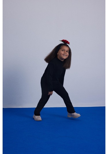 Luess Kız Çocuk Yumuşak Dokulu Balıkçı Yaka Bluz Tayt Takım-Siyah