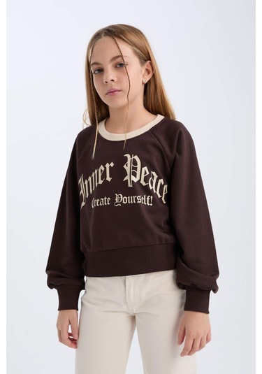 DeFacto Kız Çocuk Relax Fit Bisiklet Yaka Baskılı İçi Yumuşak Tüylü Sweatshirt D7042A824WNBN116