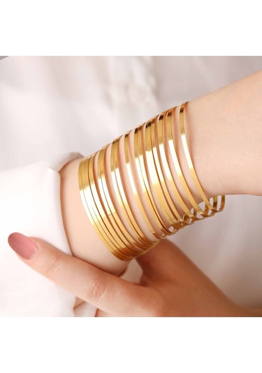 22 Ayar Altın Kaplama 10 Lu Kibrit Çöpü İnce Ajda Bilezik Seti 22 Cm. - 3155-10 Çok Renkli