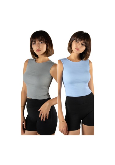 2'li Paket Gri Mavi Fitted/vücuda Oturan Crop Halter Yaka Fitilli Esnek Örme Bluz Atlet Gri-mavi