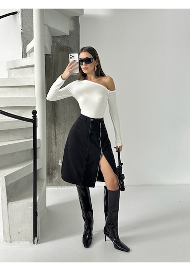 Kadın Ön Yırtmaç Fermuar Detaylı Kot Etek Siyah