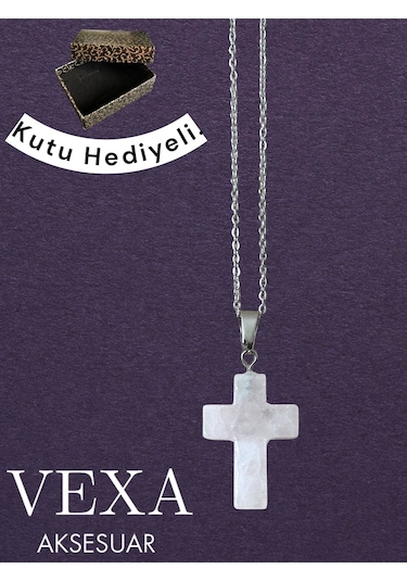 Kuvars Taşlı Haç Kolye - Kararmaz İthal Çelik Zincir - Özel Kutulu Hediyeli Gümüş