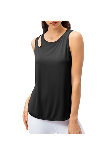 Geeksen Kadınlar Spor Atlet, Kolsuz Dik Yaka, Delikli Detaylı, Hızlı Kuruyan Koşu Tişörtü Siyah