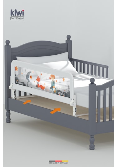 Kiwi Bed Guard Asansörlü Beyaz Dinozor Desenli, Çocuk Yatak Bariyeri, Yatak Korkuluğu 150x60-70 Cm