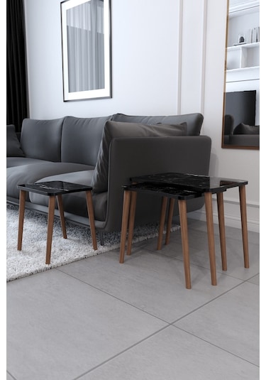 Esma Orta Sehpa Ve Zigon Sehpa 4'Lü Ahşap Ayaklı - Siyah Mermer