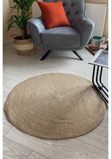 Kilim Saç Örgü Jüt İp Düz Yuvarlak 90x90 cm