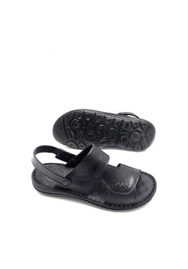 Deritarz Hakiki Deri Tam Ortopedik Siyah Erkek Sandalet Siyah