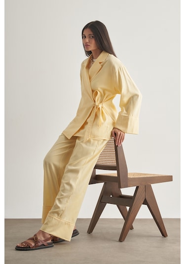 Mizalle Keten Karışımlı Anvelop Bağlı Sarı Kimono Ceket Sari