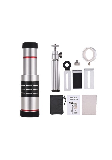 Yaozixa 18x Uzun Mesafe Telefoto Lens - Universal Telefon Kameraya Takılabilir - Gümüş Renk - Manuel Odaklama - Alüminyum Kasa + Optik Cam Lens