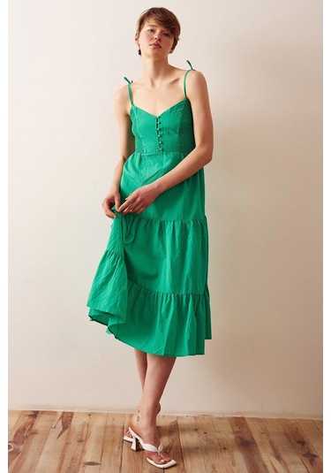 Sırtı Büzgülü Askılı Elbise Yeşil