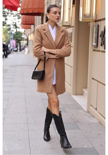 Kadın Oversize Kaşe Kaban Kahverengi 001
