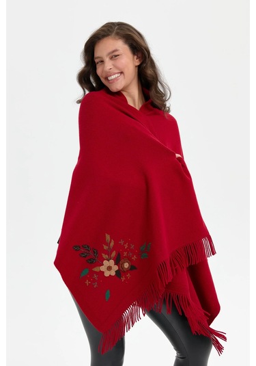 Desen Triko Kadın Papatya İşlemeli Püsküllü Yün Şal 24028 K.kırmızı K.kırmızı Kırmızı
