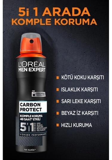 L'Oréal Paris Carbon Protect 5'i 1 Arada Erkek Sprey Deodorant 150 ML
