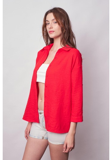 Kadın Keten Düşük Omuzlu Yakalı Kapri Kol Apoletli Gömlek -Koyu Mercan K.Mercan