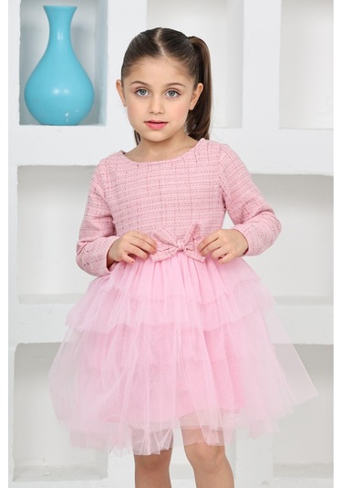 Kız Çocuk Çift Kat Tüllü Ve Fiyonklu Elbise 12172 Pembe