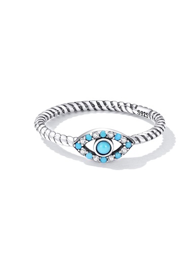 S925 Sterling Silver Turquoise Devil Eye Women Ring, Size:6 Çok Renkli