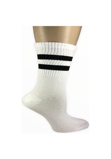 Design Socks KADIN PAMUKLU ÇİZGİ DESENLİ SOKET ÇORAP-Beyaz