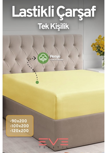 Eve Tekstil Fitted Yüksek Kaliteli Penye Kumaş Tek Kişilik Lastikli Çarşaf Sarı