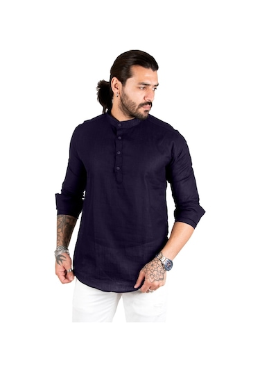 Deepsea Erkek Lacivert Yarım Düğmeli Hakim Yaka Flamlı Keten Gömlek 2201914 Lacivert