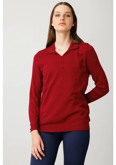 Desen Triko Kadın Polo Yaka Nakış İşlemeli Ligralı Bluz 25092 Vişne Vişne