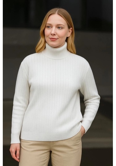 Balıkcı Yaka Bağazlı Triko Kazak Pamuklu Kalın Fitilli Dokuma - Beyaz Beyaz