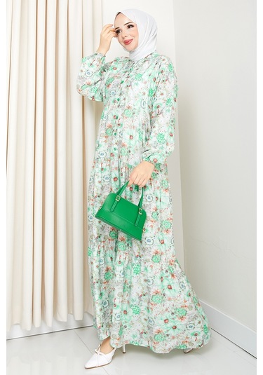 Elera Desenli Yarasa Kol Tesettür Elbise 1572 - Yeşil Yeşil