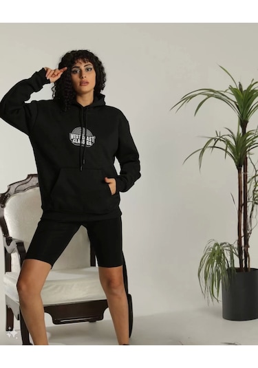 Unisex Sırt Baskılı Kapüşonlu Üç İplik Oversize Sweatshirt - Siyah Siyah