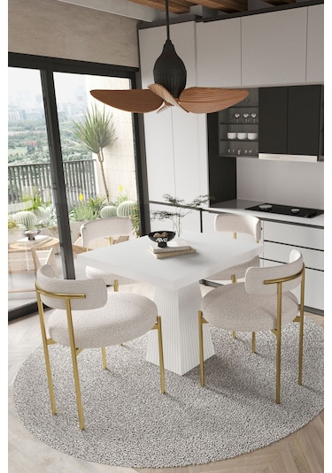 Avvio Arona Beyaz Lake Mdf Ayak 90x90 Yemek Masası Mutfak Masası 4 Kişilik Masa Takımı Teddy Sandalye Beyaz Avvio9881