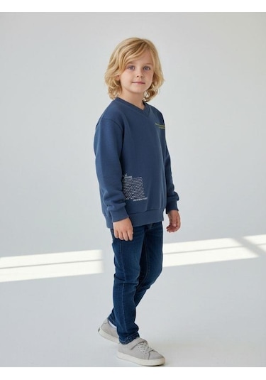 Zekids Erkek Çocuk Pamuklu V Yaka Baskılı Sweatshirt-16702 Indigo