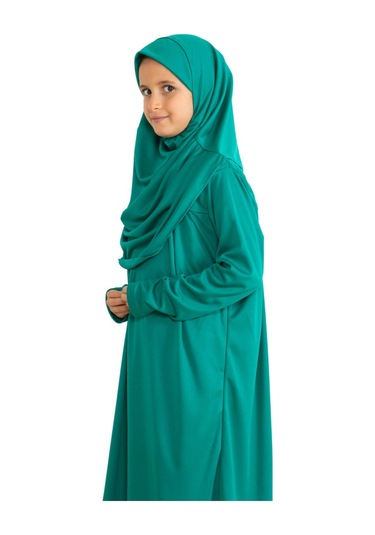 İki Parça Çocuk Elbisesi Seti Eşarp İle Takım Yeşil