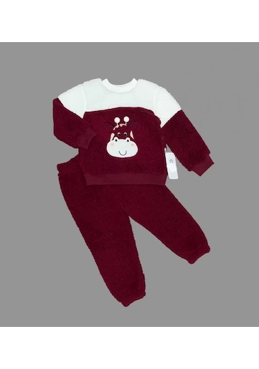 1-2-3 Yaş Ponponlu Zürafa Desenli Kuzu Kumaş Uzun Kollu 2li Kız Erkek Çocuk Takımı Bordo Bordo