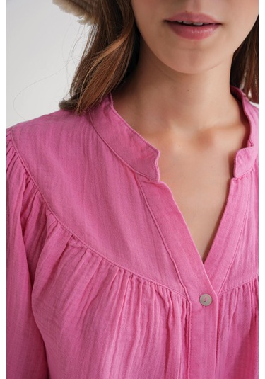 4733 Kadın Büzgü Robalı Uzun Kol Müslin Gömlek Pembe Pembe