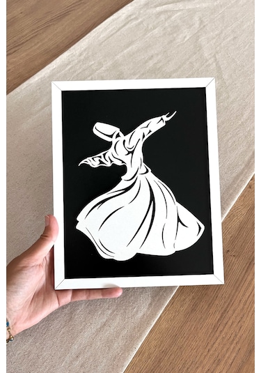 Modern Beyaz Çerçeveli Ahşap Semazen Mevlana Tablosu 25x20 Cm