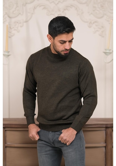 Woolen World Balıkçı Yaka Kalın Yünlü Erkek Triko Kazak Kahverengi