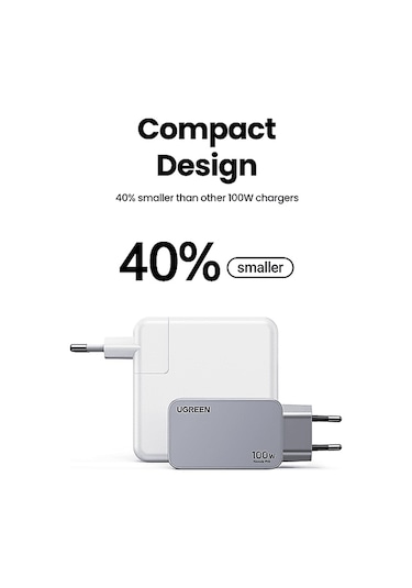 Ugreen Nexode Pro 100 W QC PD Type-C 2xUSB-C 1xUSB-A Gan Hızlı Şarj Cihazı Uzay Grisi
