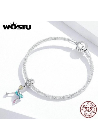 Wostu 925 Ayar Gümüş Pembe Cz Kokteyl Şarap Bardağı Dangle Charm Kolye Dıy Bilezik Takı Gümüş