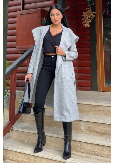 Gri Kruvaze Yaka, Kapüşonlu, Çift Cepli, Beli Kemerli, Uzun Kaşe Kaban Astarsız Gri