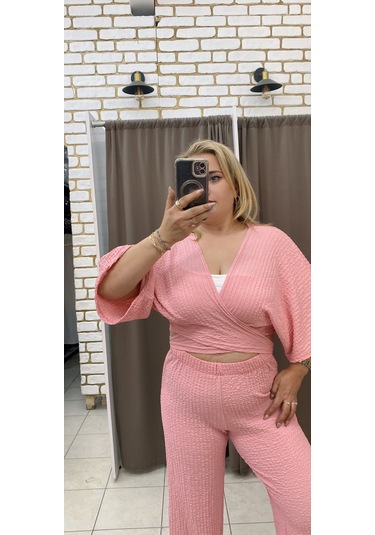 Tuba Toptaş Bağlamalı Gofre Bluz Pembe