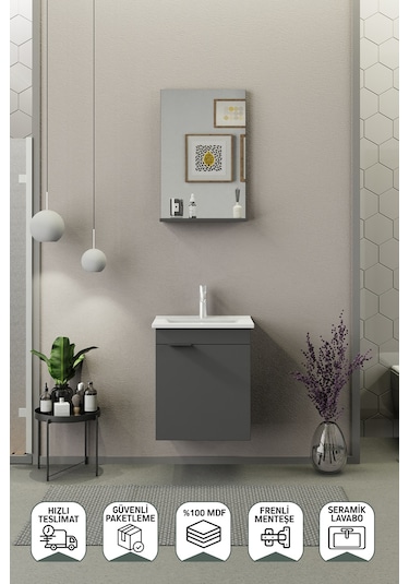 Biani Fix Arya Slım 50 Cm Banyo Dolabı,Seramik Lavabolu, Aynalı,Lavabo Dahil,Mdf,Mat Gri