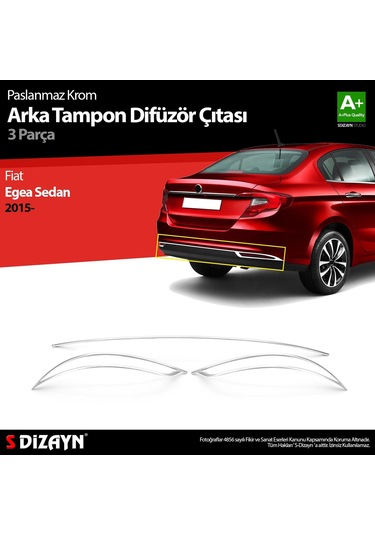 S-dizayn Fiat Egea Sd Krom Arka Tampon Difüzör Çıtası 3 Prç. 2015 Üzeri A+ Kalite